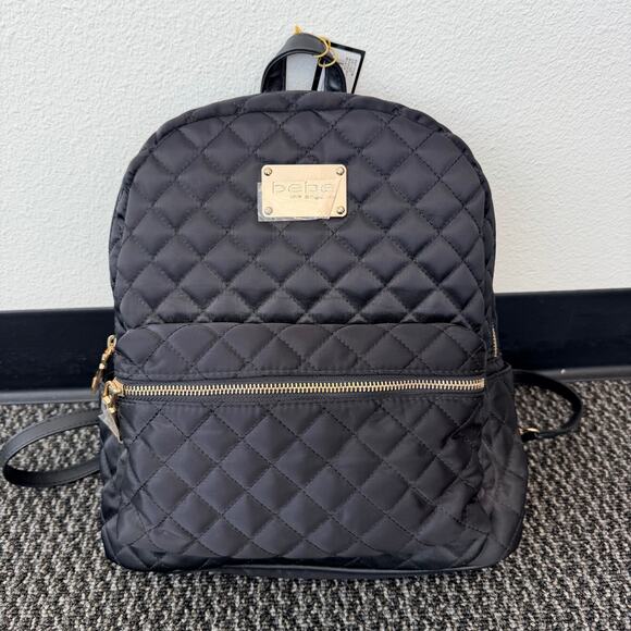 Bebe Women's Black Quilted Backpack Purse Bag Gold Hardware Buckle Straps NEW - Picture 1 of 15